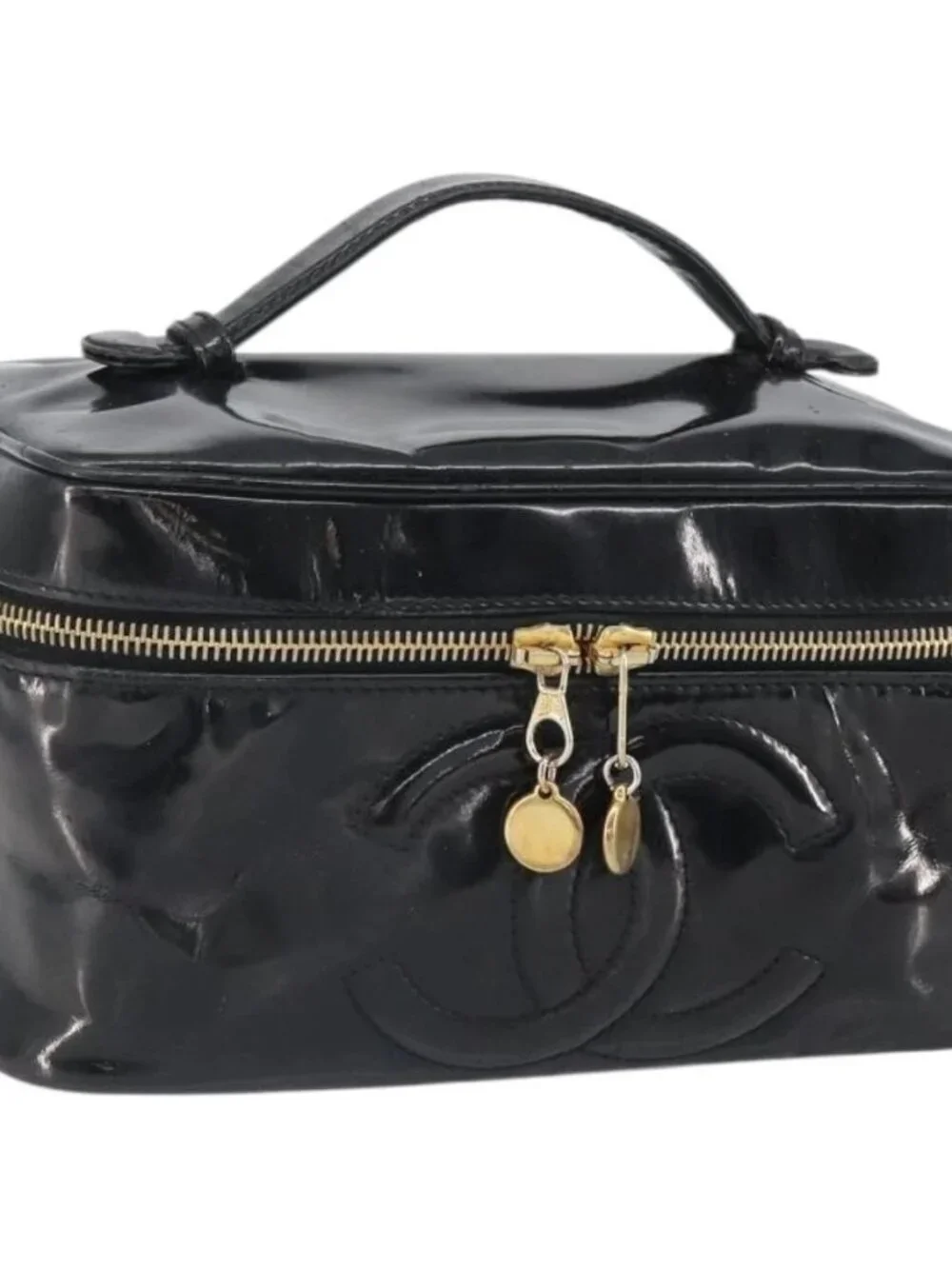 CHANEL Vanity Pouch Patent leather Black Gold CC Auth fm5051